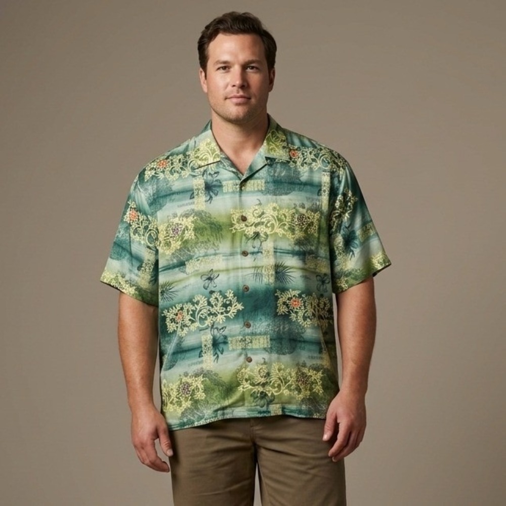 TOMMY BAHAMA Mens Shirt XXL Green Silk Dragon Floral Island Core